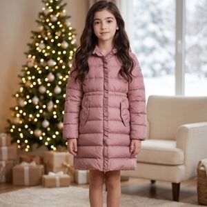 MONCLER Girl’s Vennal Nylon Long Coat With Ruffle Details In Pink Size 150